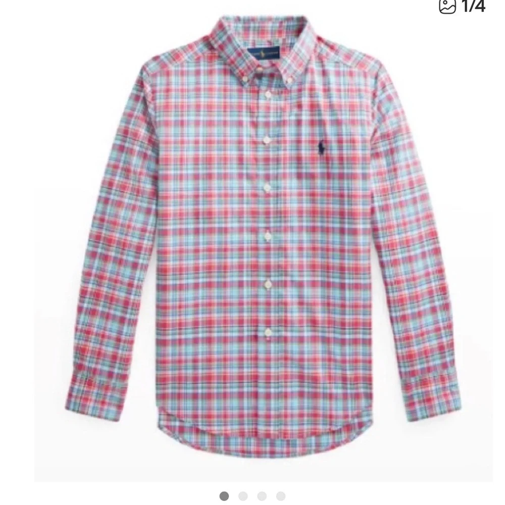Ralph Lauren Poplin Boy’s Pink and Blue Plaid Button-Down Shirt size large 14-16